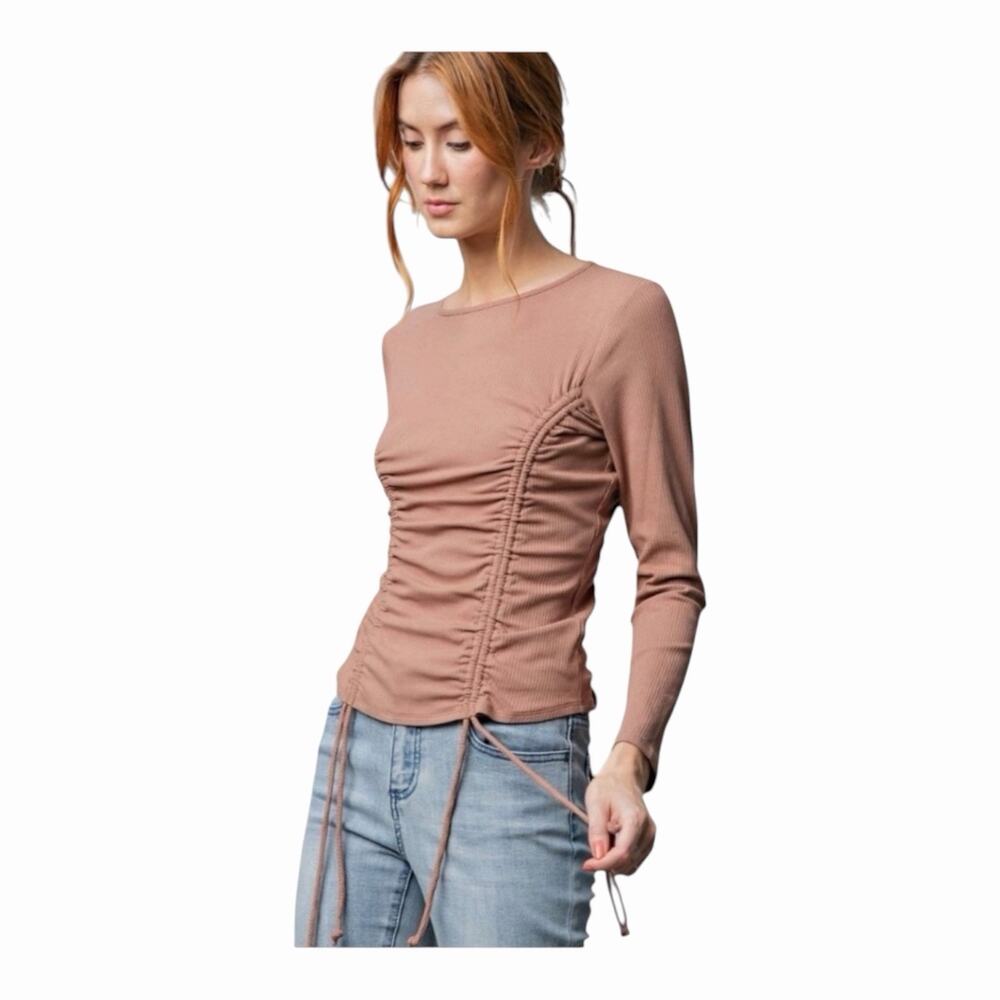 Easel Ribbed Ruched Long Sleeve Top Dusty Pink Drawstring Side Women’s Small NWT